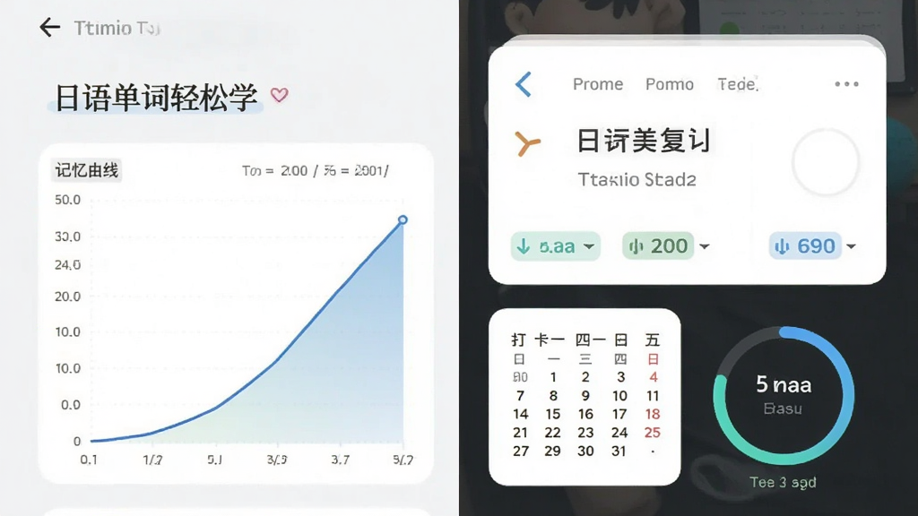主体为“日语单词轻松学”软件的学习统计界面,布局为手机竖屏展示,左侧是记忆曲线图表,右侧是单词复习卡片,风格简约现代,细节包括打卡日历和进度环,画质干净,无多余元素