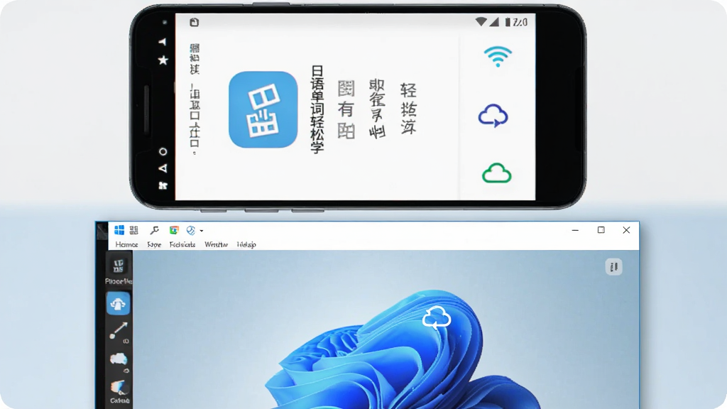 手机和电脑并排展示“日语单词轻松学”应用界面,手机在上方运行安卓系统,电脑在下方显示Windows模拟器窗口,布局为上下对比构图,风格简洁扁平,细节包括Wi-Fi图标和云同步符号,画质干净清晰,无多余元素