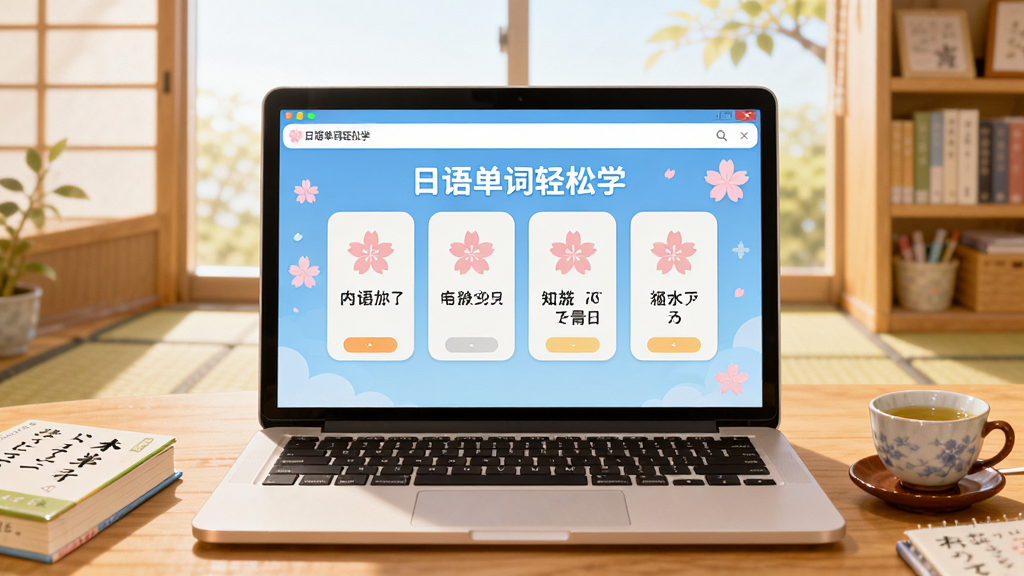 画面以明亮的日式风格书房为背景,主体为打开的笔记本电脑,屏幕中显示“日语单词轻松学”软件界面,界面内有单词卡片和樱花图标,整体布局居中,排版清晰,插画风格,细节包括桌面上散落的日语书和茶杯,画质高清干净,无多余元素