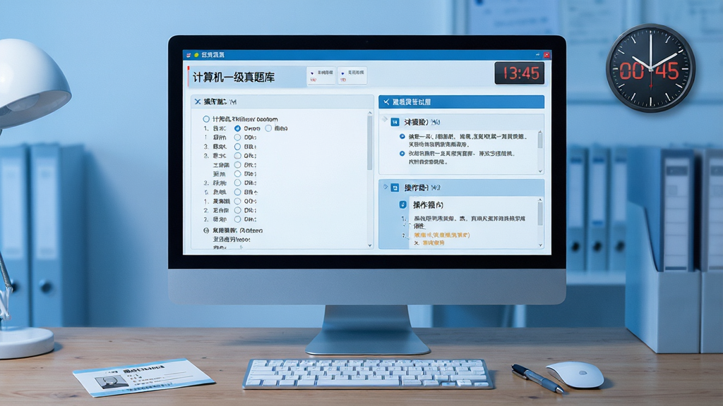 一张展示“计算机一级真题库”全真模拟考场功能的场景图,主体为电脑屏幕显示考试答题界面,屏幕上有选择题和操作题面板,右上角有倒计时时钟,桌面摆放准考证和笔,整体布局协调,排版规整,写实风格,色调偏冷蓝,细节清晰,画质干净,无多余元素