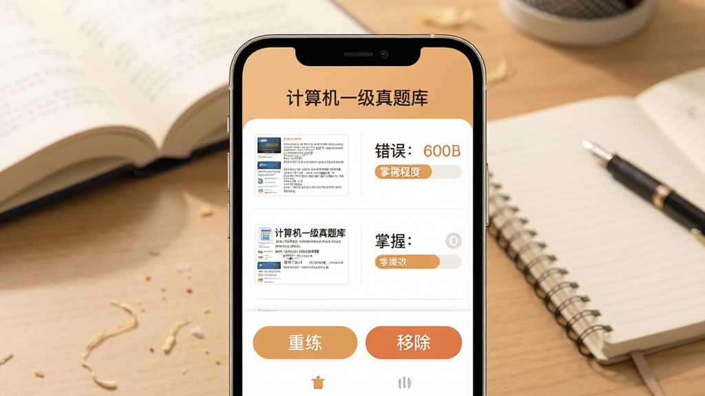 一张展示“计算机一级真题库”错题本功能的示意图,主体为手机界面显示错题列表,左侧是题目缩略图,右侧标注错误次数和掌握程度,底部有“重练”和“移除”按钮,背景有书本和笔记本,整体布局清晰,排版简洁,采用暖色调,风格简约,细节精致,画质干净