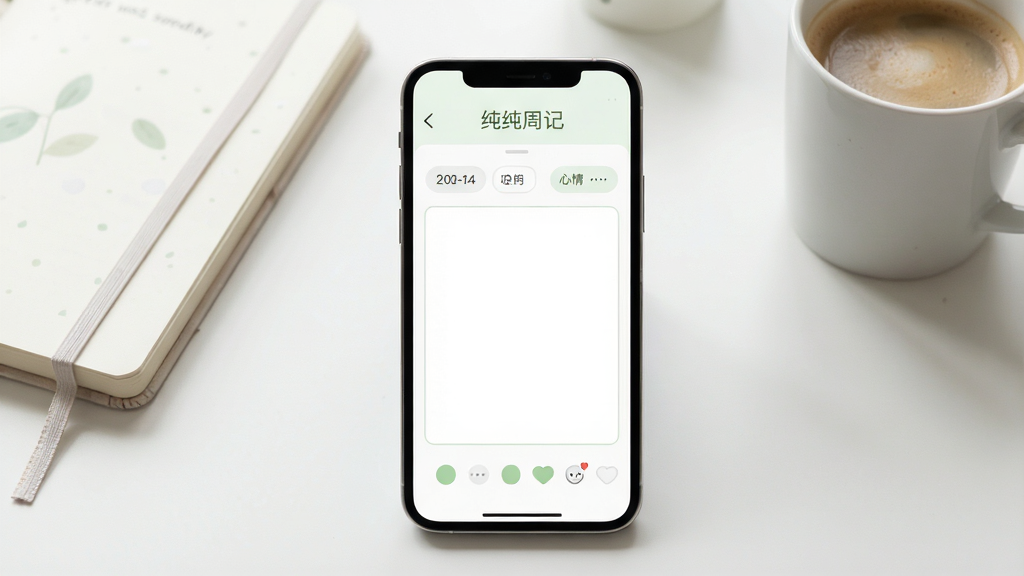 画面主体为一部智能手机,屏幕显示“纯纯周记”的极简编辑界面,界面以白色为底,搭配柔和的绿色点缀,顶部有“纯纯周记”字样,下方是空白的周记编辑区,带有日期选择器和心情图标,整体布局清爽。背景是淡雅的书桌一角,摆放着笔记本和咖啡杯,风格明亮干净,细节精致,画质高清,无多余元素。