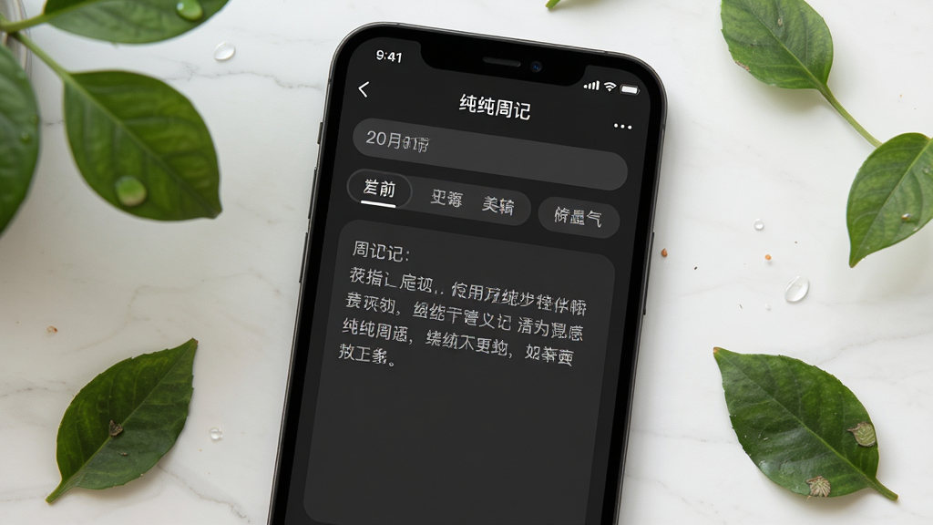 画面主体为“纯纯周记”应用在深色模式下的编辑界面,背景为深灰色,文字为浅白色,日期栏和标签栏采用圆角设计,屏幕中央显示一段示例周记文字。手机周围散落着几片绿色植物叶子,营造安静的氛围。整体构图简洁,风格写实,细节丰富,画质干净,无多余元素。