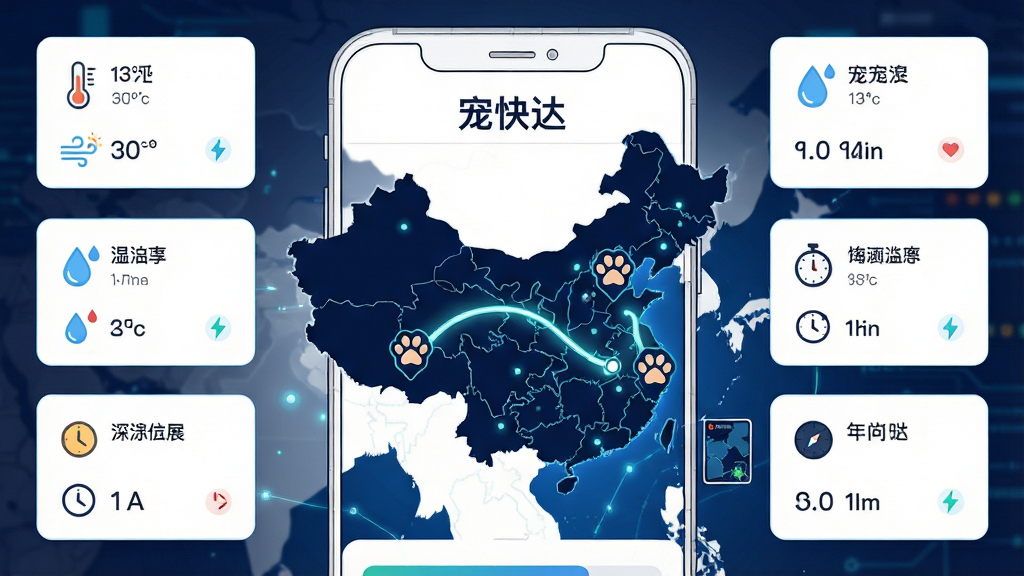 一张以宠快达APP实时追踪功能为视觉核心的插画配图,画面主体是手机界面线框,内部展示一张中国地图,地图上有一条从北京延伸至上海的发光轨迹线,并标有宠快达专属的宠物爪印图标。整体布局为地图居中,四周辅以温度、湿度、时间等小卡片UI元素,排版规整有序,风格为科技感十足的扁平化信息图,细节刻画入微,文字清晰标注宠快达字样,画质锐利干净,无多余元素。