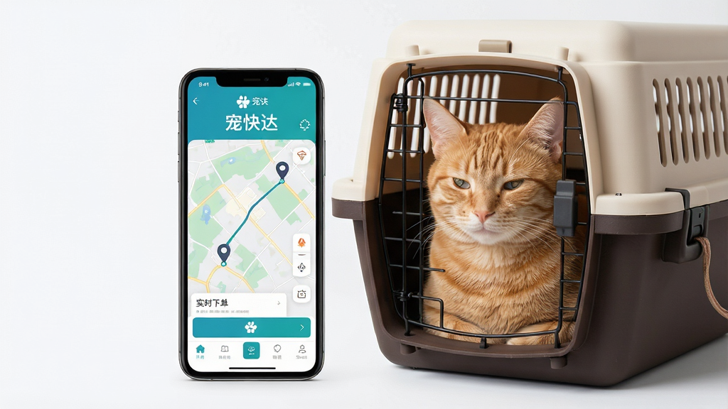 一张展示宠快达APP核心功能的场景图,画面主体为一部亮着屏幕的智能手机,屏幕上清晰显示着宠快达APP的下单界面与地图追踪线路,手机旁放置着一个舒适安全的航空宠物运输箱,箱内有一只神情安详的橘猫。整体布局采用手机与宠物箱并置的构图,排版干净清爽,风格为写实商业摄影结合扁平化UI元素,细节上突出APP界面上的宠快达三个字与实时定位图标,画质高清明亮,干净无多余元素。