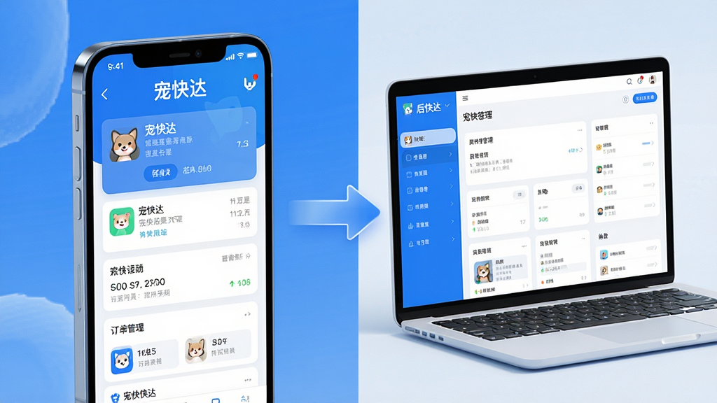 一张展示宠快达APP在手机与电脑端同步使用的场景图,画面主体分为左右两部分,左侧为一部智能手机显示订单详情,右侧为一台笔记本电脑显示后台管理界面。整体布局为双设备对比构图,强调数据同步的概念,风格为现代感十足的3D渲染风格,主色调为蓝色与白色,细节上手机屏幕与电脑屏幕均清晰显示宠快达的界面元素,画质干净通透,无多余元素。