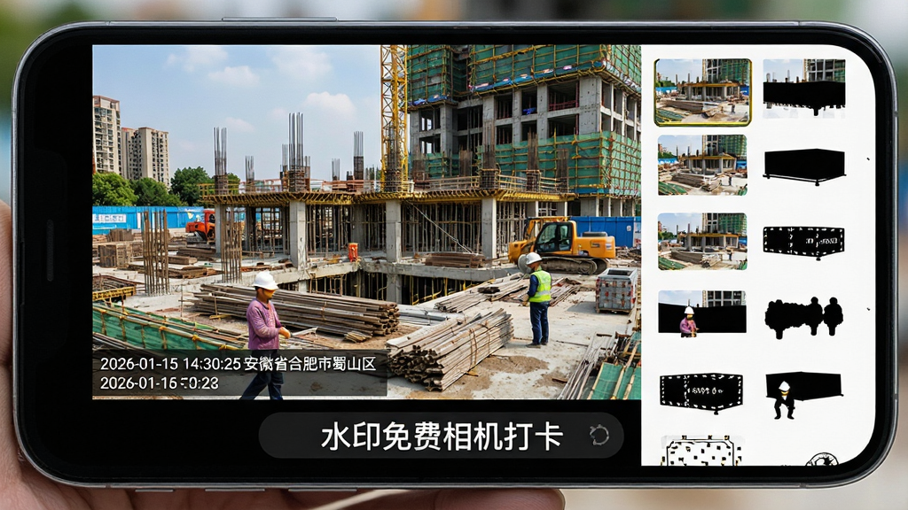 主体:手机拍摄界面,取景框内是建筑工地现场,屏幕下方显示水印编辑栏,带有“水印免费相机打卡”字样;布局:手机横屏展示,左侧为拍摄预览,右侧为水印样式选择列表;排版:水印文字在画面左下角,清晰可见“2026-01-15 14:30:25 安徽省合肥市蜀山区”等字样;风格:写实摄影风格,光线自然;细节:水印字体清晰,背景建筑细节丰富,色彩真实;画质:高清细腻,干净无多余元素。