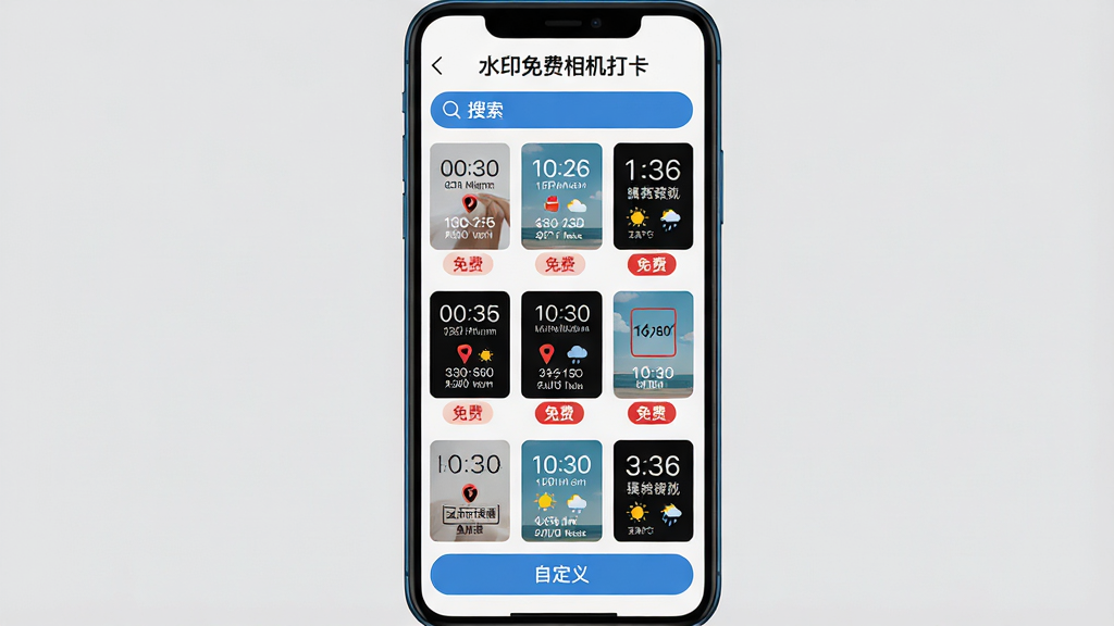 主体:手机上展示“水印免费相机打卡”的模板库界面,网格状排列多款水印样式缩略图,每款下方有“免费”标签;布局:手机竖屏,模板库中央显示,背景为纯色浅灰;排版:模板缩略图整齐排列,上方搜索栏突出,底部有“自定义”按钮;风格:简洁扁平化设计,色彩明快;细节:缩略图上的时间、地点、天气等信息清晰可辨;画质:高清,干净无多余元素。
