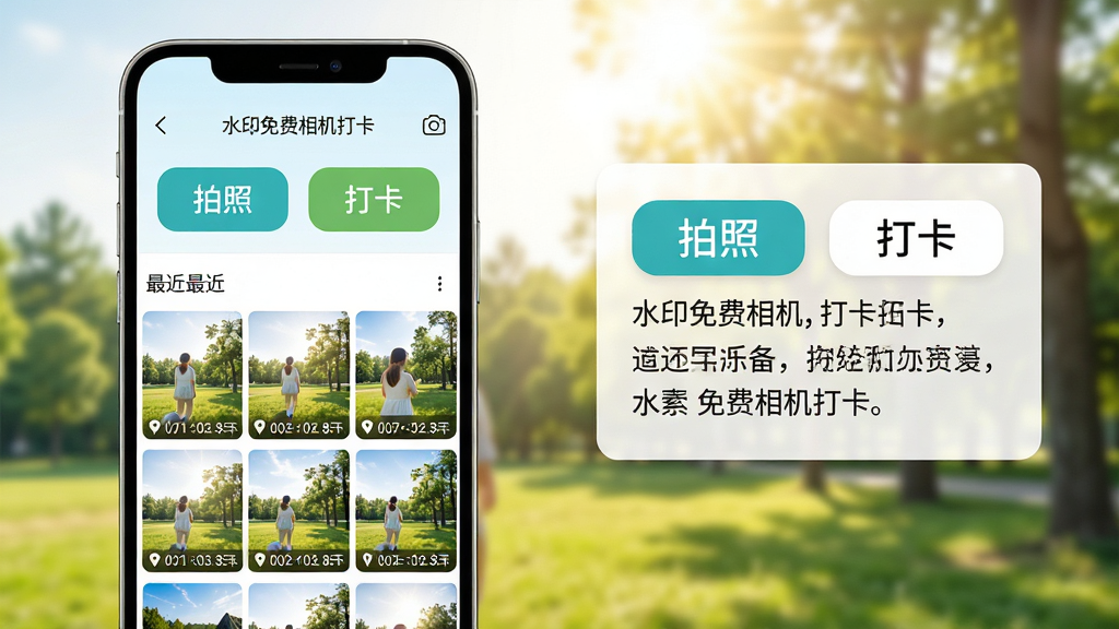 主体:手机屏幕显示“水印免费相机打卡”应用主界面,背景是户外场景,有阳光和树木;布局:手机居中偏左,右侧有文字说明框;排版:界面顶部有“拍照”“打卡”两个大按钮,下方显示最近拍摄的水印照片缩略图;风格:清新自然风格,亮度高;细节:水印照片右下角有清晰的时间地点文字;画质:高清,干净无多余元素。