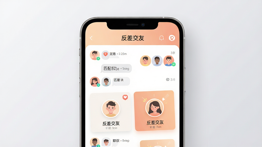 主体:一款名为“反差交友”的社交app界面主视觉,手机屏幕展示聊天列表与匹配卡片。布局:居中构图,手机设备约占画面70%,周围留白干净。排版:卡片式UI清晰可见,含“反差交友”字样与头像圆框。风格:现代扁平化设计,配色柔和温暖,背景浅灰渐变色。细节:画面展示聊天气泡、匹配成功动画元素,光线柔和自然。画质:高清渲染,干净无多余元素。