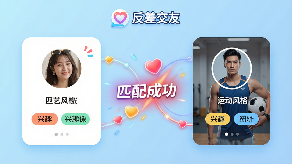 主体:“反差交友”app匹配功能预览图,展示两个风格迥异的用户卡片形成对比。布局:左右对称构图,左边是文艺风格用户,右边是运动风格用户,中间有“匹配成功”动效。排版:卡片式设计,包含头像、昵称、兴趣标签,顶部有“反差交友”logo。风格:明亮活泼,色彩对比鲜明,背景为淡蓝色渐变。细节:连接线条与心形图标点缀,界面元素圆润。画质:高清渲染,干净无多余元素。