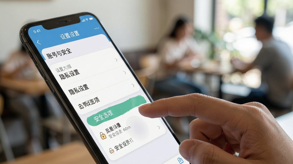 主体:“反差交友”app使用场景示意图,手机屏幕显示设置界面与安全选项。布局:侧视构图,手机倾斜展示,背景有模糊的日常环境。排版:屏幕内展示菜单列表,含“账号与安全”、“隐私设置”等。风格:写实摄影风格,光线自然。细节:手指点击屏幕动作,屏幕内容清晰可辨。画质:高清,干净无多余元素。