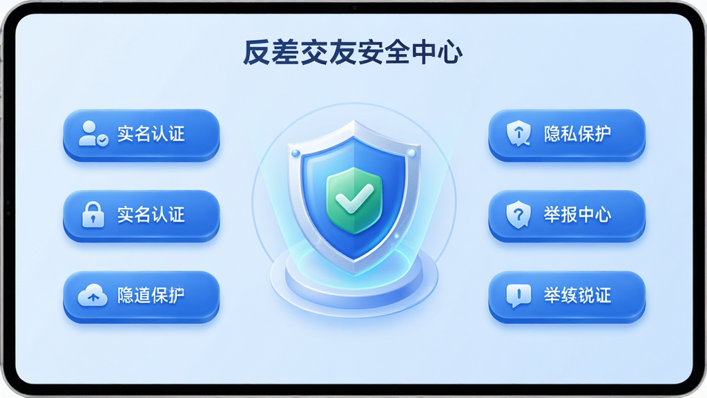 主体:“反差交友”安全中心界面,展示防护盾牌图标与认证状态。布局:居中构图,图标置于界面中央,周围环绕安全功能按钮。排版:清晰的功能列表,含“实名认证”、“隐私保护”、“举报中心”等选项。风格:简洁商务风,主色调为蓝色与白色,背景浅蓝。细节:盾牌图标带发光效果,按钮有立体质感。画质:高清渲染,干净无多余元素。