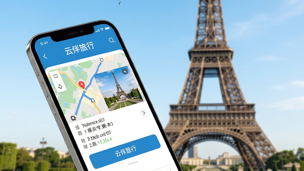 主体:“云伴”App旅行功能展示,背景是著名地标(如埃菲尔铁塔),前景是手机屏幕显示景点详情和路线导航,屏幕上有“云伴旅行”字样。布局:手机屏幕倾斜放置,地标虚化作为背景。排版:界面信息简洁,按钮清晰。风格:旅游杂志风格,色彩明亮。细节:屏幕内有一张地图和景点照片。画质:高清渲染,干净,无多余元素。
