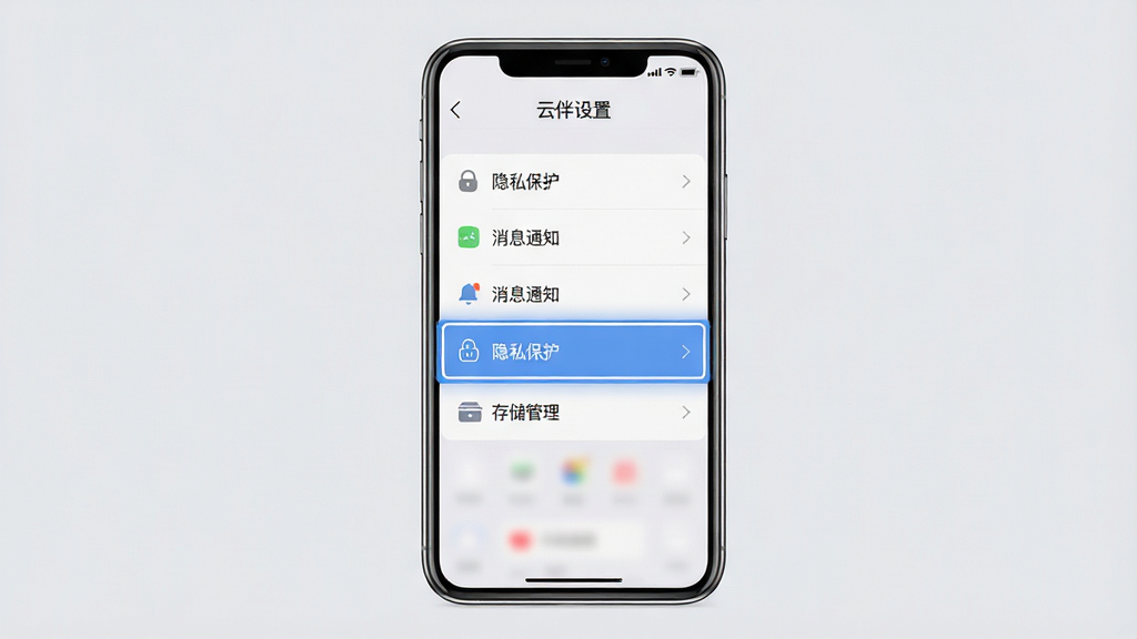主体:手机截图展示云伴App的设置页面,页面中有“隐私保护”、“消息通知”、“存储管理”等选项,背景为浅灰色,顶部有“云伴设置”字样。布局:手机屏幕居中,设置列表清晰。排版:每行有图标和文字,间距适宜。风格:简洁商务风。细节:需突出“隐私保护”选项被高亮框选中。画质:高清渲染,干净,无多余元素。