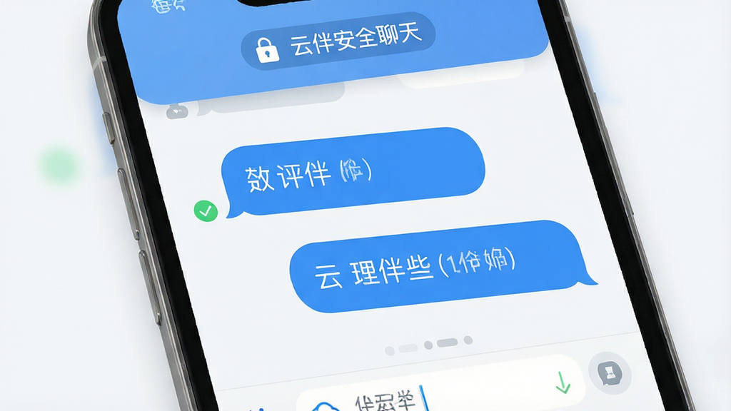 主体:“云伴”App聊天界面,显示两条对话气泡,背景是简约的聊天壁纸,屏幕顶部有“云伴安全聊天”字样,并有一个小锁图标。布局:手机屏幕居中,气泡样式清晰。排版:聊天气泡圆润,字体易读。风格:简洁现代,色彩以蓝白色为主。细节:有已读回执和输入状态指示。画质:高清渲染,干净,无多余元素。