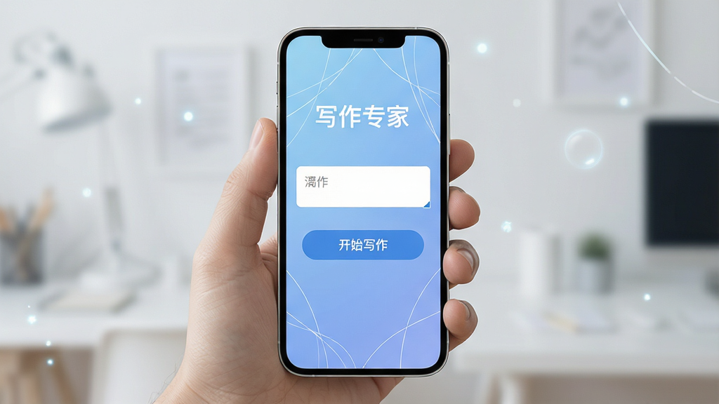 手机屏幕展示“写作专家”主界面,界面清爽简洁,中央有输入框和“开始写作”按钮,背景为柔和的渐变蓝色,辅以浅白色装饰线条,整体风格现代科技感,画面干净无多余元素,高画质渲染