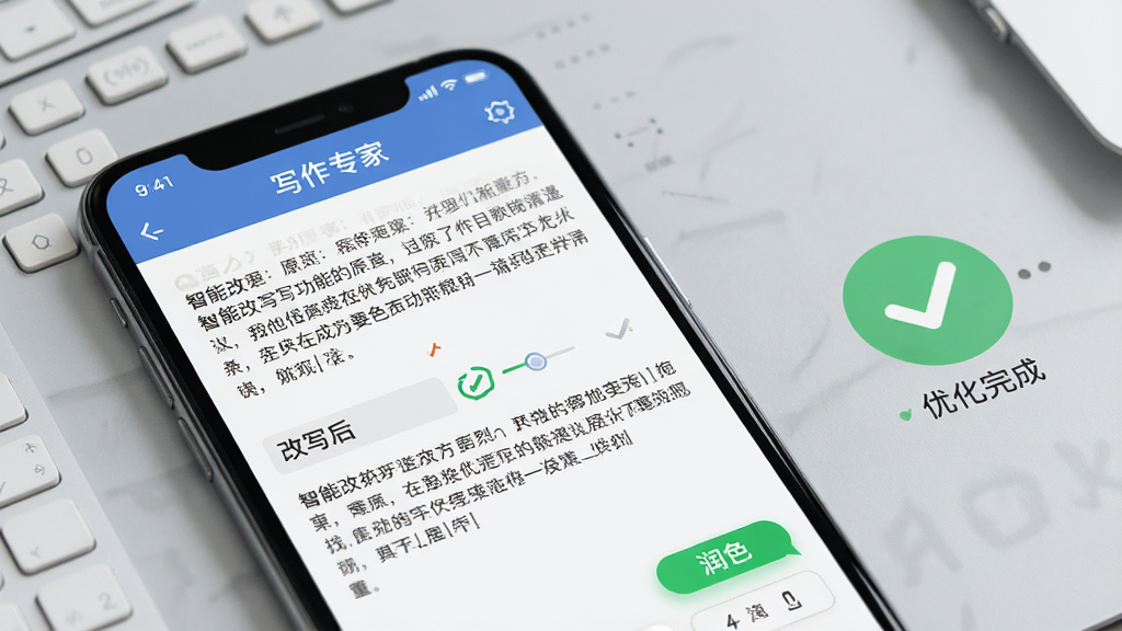 “写作专家”智能改写功能界面,手机屏幕显示原文与改写后文本对比,右侧有“润色”按钮高亮,背景为浅灰色工作台,配有绿色对勾图标表示优化完成,构图清晰,画质细腻,无多余元素