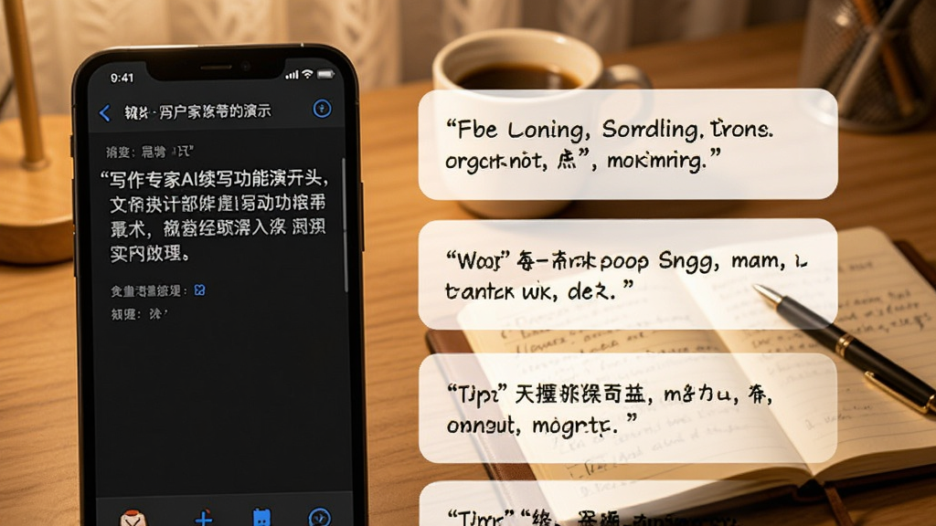 “写作专家”AI续写功能演示,手机屏幕左侧显示用户输入的故事开头,右侧AI生成多个续写选项卡片,背景为暖色调书桌,有咖啡杯和笔记本,画面温馨,画质干净,文字内容清晰带引号