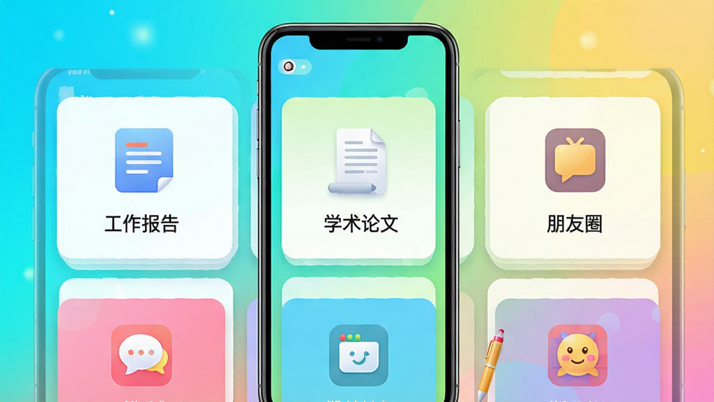 写作专家模板库界面,手机屏幕展示分类排列的模板卡片,如“工作报告”“学术论文”“朋友圈”,每张卡片带彩色图标,背景为明亮清新的渐变底色,整体排版整齐,画质细腻,无多余杂物