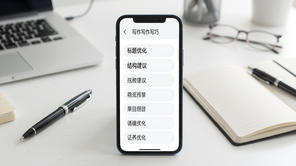 写作专家写作指导页面,手机屏幕显示各类文体写作技巧列表,包含“标题优化”“结构建议”等条目,背景为简约办公桌面,配有笔和笔记本,画面清晰,色调柔和,干净无多余元素
