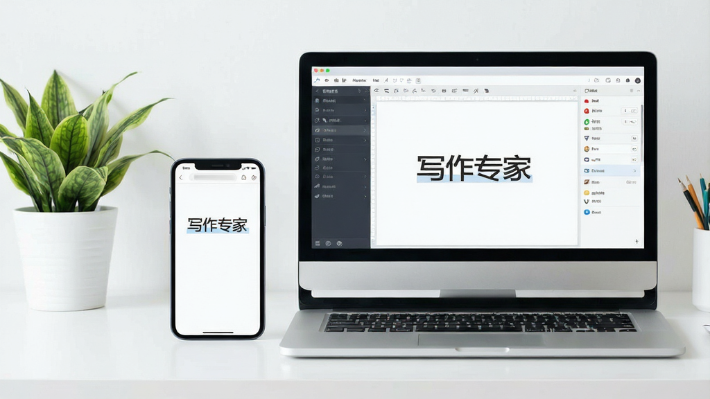 手机和电脑并排放置,屏幕上显示“写作专家”软件编辑界面,背景为简洁工作台,有绿植点缀,整体风格清爽明亮,画面干净无多余元素,高画质