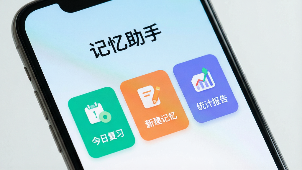 一张智能手机屏幕特写,屏幕中央显示记忆助手APP主界面,界面风格清新简洁,上方为“记忆助手”字样,下方排列着“今日复习”、“新建记忆”、“统计报告”等彩色功能卡片,背景为淡蓝色渐变,整体画面干净明亮,突出手机应用的实用性与现代感,画质高清,无多余元素
