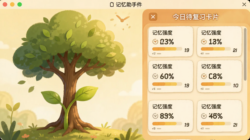 记忆助手软件界面截图,左侧显示一棵小树苗随着复习次数增加逐渐长成参天大树,右侧是“今日待复习卡片”列表,每张卡片上标注着“记忆强度”百分比,整体采用暖色调,插画风格,画面温馨且富有鼓励性,突出科学复习带来的成长感,画质清晰,无多余元素