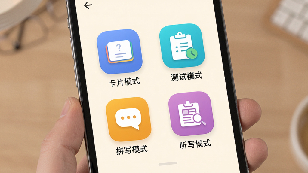记忆助手APP内不同记忆模式的切换界面,屏幕上展示着四种彩色图标分别代表“卡片模式”、“测试模式”、“拼写模式”、“听写模式”,每个图标下方有简短的文字说明,背景为柔和的米白色,界面布局整齐,风格简洁明快,体现软件功能的多样性,画质高清,无多余元素