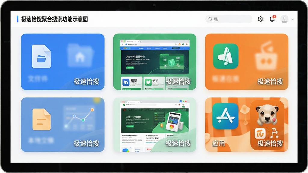 主体:极速恰搜聚合搜索功能示意图,屏幕中同时展示文件、网页、应用三类结果卡片。布局:分栏式排版,左侧为本地文件图标,中间为网页缩略图,右侧为应用商店风格图标。排版:卡片式设计,色彩区分(蓝色文件、绿色网页、橙色应用)。风格:现代UI,信息可视化。细节:每张卡片上标注“极速恰搜”水印。画质:清晰,干净,无多余元素。