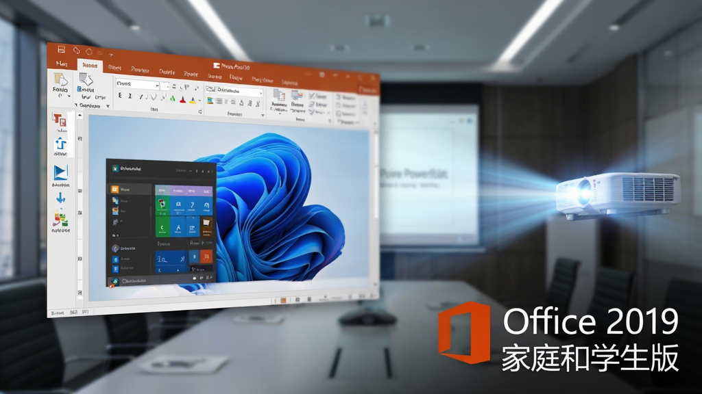 动态展示PowerPoint 2019演示文稿的平滑切换和缩放功能,屏幕中幻灯片图像生动,文字“Office 2019 家庭和学生版”在右下角,背景为现代会议室,投影仪光效,风格写实,高画质,无多余元素