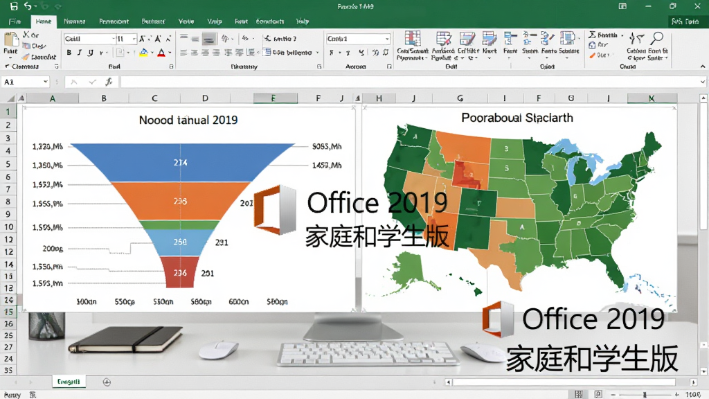 高清屏幕截图展示Excel 2019表格中插入的漏斗图与地图图,色彩鲜明,数据清晰,旁边有“Office 2019 家庭和学生版”水印,背景为干净的办公桌,写实风格,高细节,画面均衡