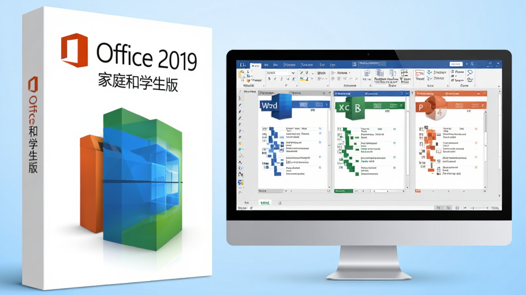 高清数字渲染图,展示Office 2019 家庭和学生版软件套装盒与电脑屏幕上的Word、Excel、PowerPoint界面,主视觉现代简约,背景为浅蓝色渐变,盒体上有“Office 2019 家庭和学生版”文字,整体布局平衡,画面干净无杂物,商业宣传风格,高细节,8K画质