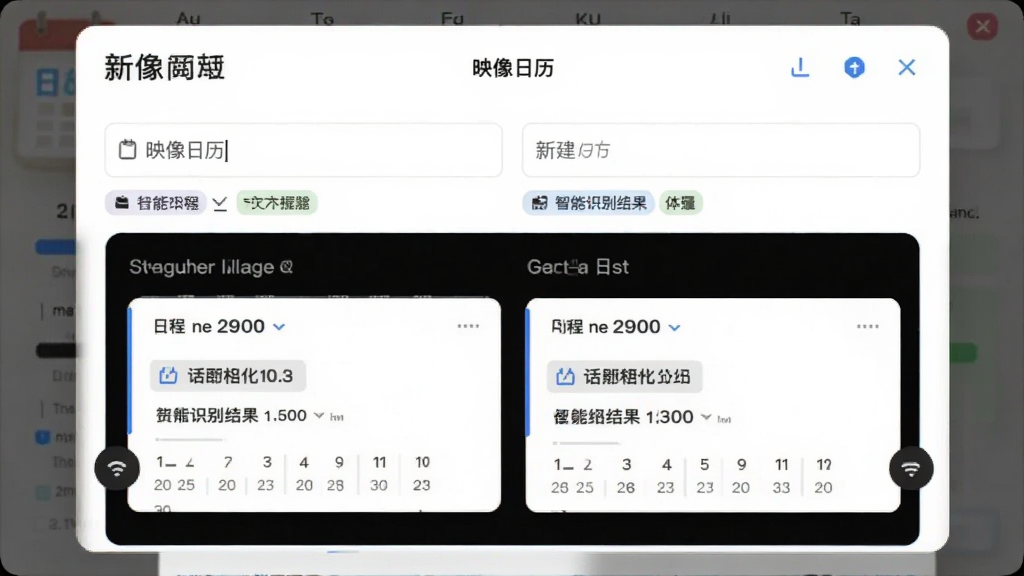 自然语言创建日程操作演示,主体为“映像日历”的新建日程弹窗,布局中央有输入框和智能识别结果标签,排版清晰,风格清爽,细节展示语音或文字输入后自动生成的结构化日程卡片,画质高干净无冗余