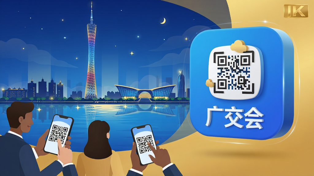 画面主体为“广交会”官方APP的3D图标悬浮于璀璨的广州珠江夜景之上,背景是广州塔与琶洲展馆轮廓。前景有不同肤色的商务人士手持手机扫码操作。整体布局采用黄金分割构图,图标位于右侧视觉焦点。设计风格为科技感扁平插画,搭配蔚蓝色主色调与金色点缀。画质要求8K超高清渲染,画面干净无多余元素,图标下方显示“广交会”字样。