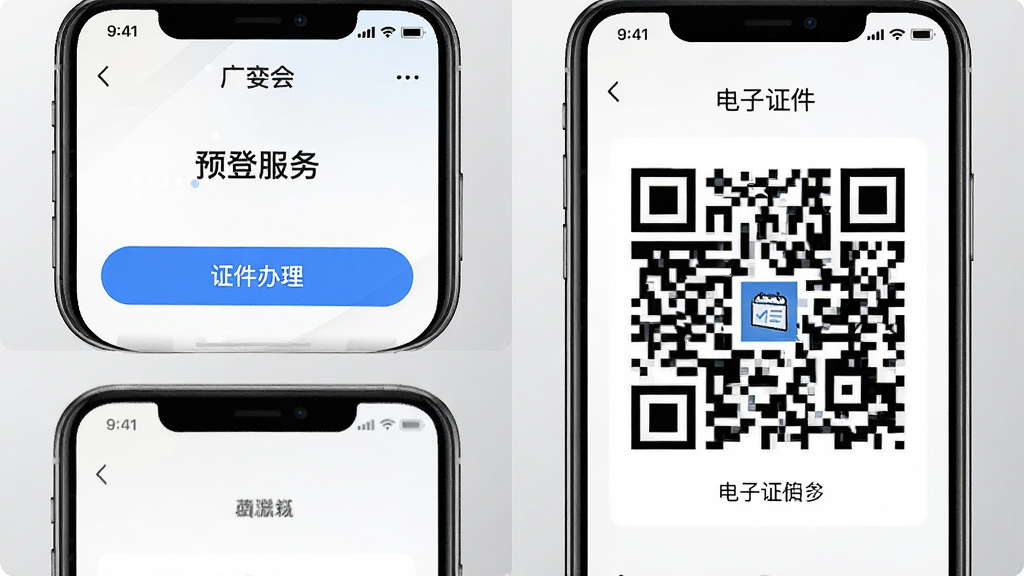 图示为“广交会”APP的展会服务界面截图拼接。左侧展示预登记页面,右侧展示电子证件二维码。整体为上下排列的手机模型展示,背景为浅灰色渐变。界面设计采用极简商务风格,重点高亮“证件办理”按钮。文字标注清晰可见。画质高清,排版工整,无多余元素。