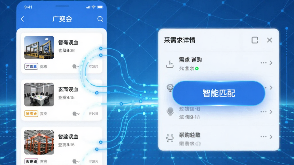 画面为“广交会”APP的供需匹配功能界面。左侧展示展商卡片列表,右侧展示采购需求详情。界面以蓝色数据流连接两侧。整体为左右分屏设计,背景为科技感浅蓝网格。扁平化设计风格,高亮显示“智能匹配”按钮。画质清晰,无多余元素。