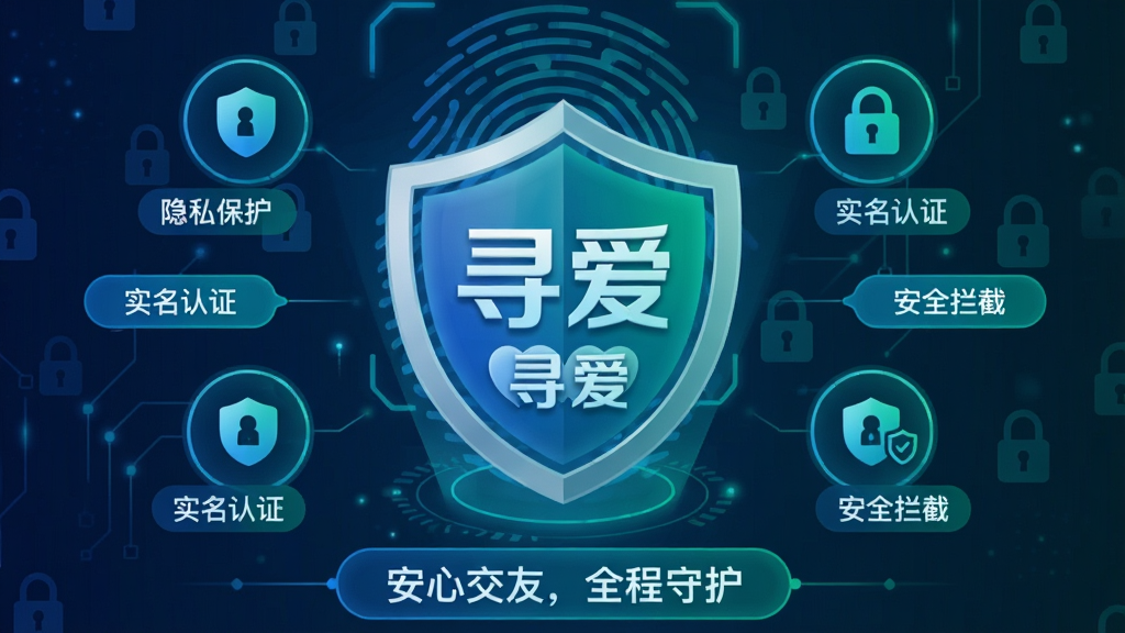 主体:盾牌图标与“寻爱”APP标志结合,背景有指纹和加密锁图案。布局:中心对称,盾牌位于中央,周围环绕安全功能图标。排版:简洁清晰,有“隐私保护”、“实名认证”、“安全拦截”等文字标签。风格:科技感强,蓝绿色调。细节:界面底部显示“安心交友,全程守护”字样。画质:高清,干净,无多余元素。