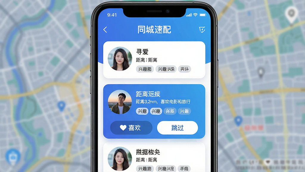 主体:“寻爱”APP界面展示附近的人列表,每张卡片包含头像、昵称、距离和兴趣标签。布局:手机界面为前景,背景为模糊的城市地图。排版:卡片式布局,信息条理清晰,顶部有“同城速配”字样。风格:时尚简洁,蓝色渐变主色调。细节:其中一张卡片上显示“距离3.2km,喜欢电影和旅行”,并有“喜欢”和“跳过”按钮。画质:高清,干净,无多余元素。