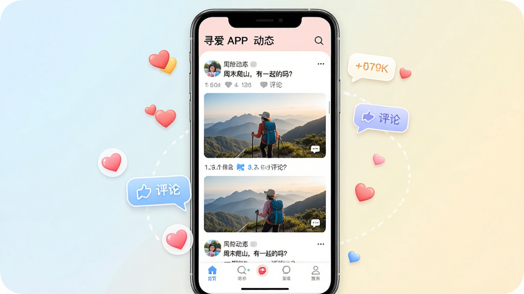 主体:“寻爱”APP的社区动态页面,展示用户发布的照片和文字动态。布局:手机屏幕占据画面中央,周围有社交互动元素如心形点赞、评论气泡。排版:瀑布流式布局,图片和文字交替排列,底部有导航栏。风格:清新活泼,配色柔和。细节:屏幕上显示一条动态“周末爬山,有一起的吗?”,点赞数和评论数清晰可见。画质:高清,干净,无多余元素。