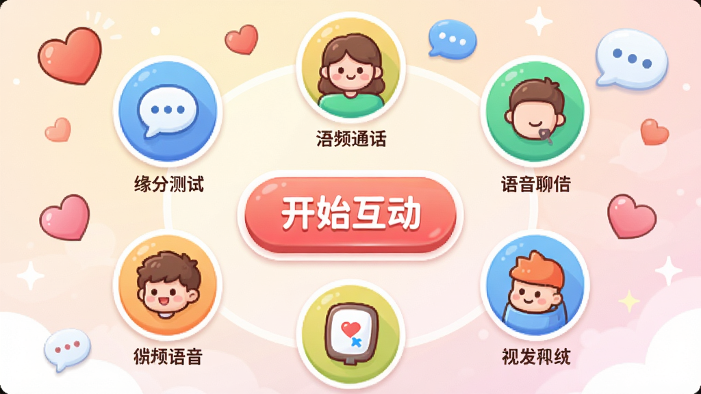 主体:“寻爱”APP的互动功能界面,展示语音聊天、视频通话、缘分测试等图标。布局:图标呈环形排列,中央是“开始互动”按钮。排版:功能图标下方有简短的文字说明。风格:卡通可爱,色彩丰富。细节:背景有爱心和对话气泡装饰,整体氛围轻松愉快。画质:高清,干净,无多余元素。