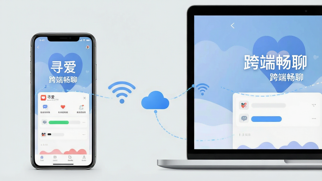 主体:一部智能手机和一台笔记本电脑并排摆放,屏幕上都显示“寻爱”APP界面。布局:手机在左,电脑在右,中间有无线网络和云同步的图标连接。排版:设备屏幕内容清晰,有“跨端畅聊”字样。风格:科技商务,浅灰色背景。细节:手机和电脑屏幕的界面风格一致,暗示数据同步。画质:高清,干净,无多余元素。