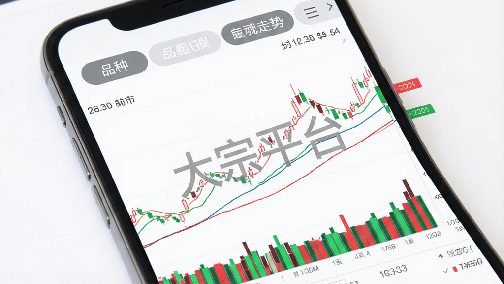 大宗平台行情图表界面设计图,主体为手机屏幕展示分时走势与成交量柱状图,标有“大宗平台”水印,布局上方为品种切换标签,风格金融科技感,细节包含红绿涨跌颜色与均线,画质明亮干净无多余元素