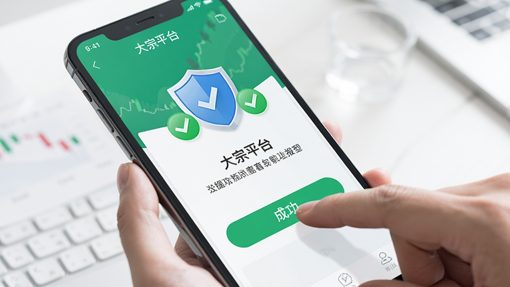 用户正在手机上操作大宗平台应用,手指点击交易按钮,屏幕显示成功提示,周围有安全盾牌与绿色对勾图标,桌面环境整洁明亮,风格写实,文字“大宗平台”清晰可见,画质高清干净无多余元素