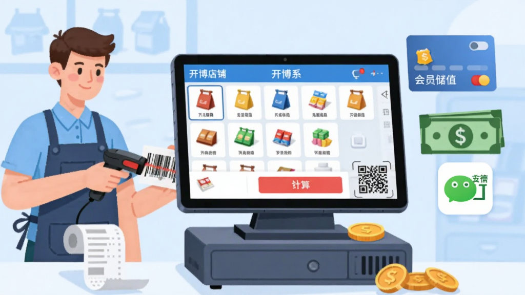 画面中央展示一款运行在触屏收银机上的