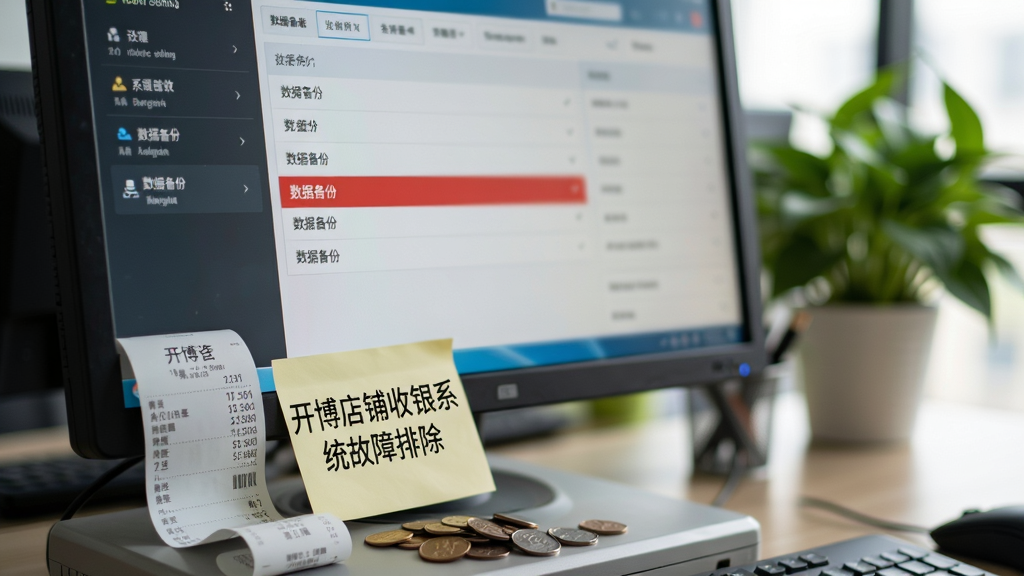 电脑屏幕前摆放着收银小票、零钱和一张写着