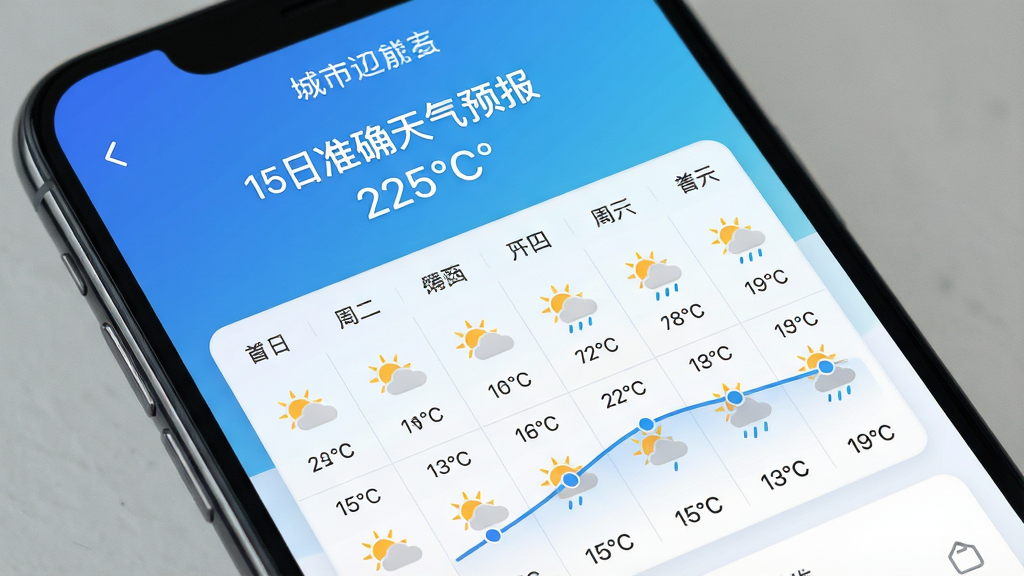 一张智能手机屏幕特写,屏幕内清晰显示“15日准确天气预报”应用主界面,界面以蓝白渐变为主色调,顶部显示城市名称与当前气温,下方以两周日历表格形式展示未来15天天气图标与温度曲线,整体布局简洁现代,UI风格扁平清爽,画质高清细腻,无多余元素,干净明亮