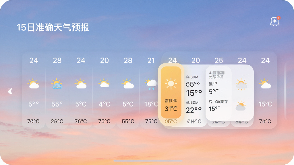 手机竖屏界面展示15日准确天气预报的逐小时预报模块,背景为渐变色天空,屏幕内以横向滑动列表展示24小时天气数据,每列包含时间、天气小图标和温度数值,选中某列时高亮显示详细信息卡片,UI设计圆润现代,色彩柔和,画质干净,无多余元素