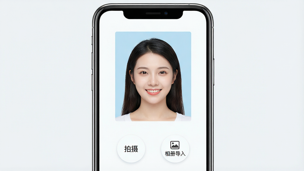 一张智能手机屏幕展示真美证件照App主界面,界面简洁明亮,中央显示一位微笑的年轻女性证件照预览,背景为淡蓝色,下方有“拍摄”、“相册导入”两个圆形按钮,整体风格现代清新,UI布局规整,画质高清干净,无多余元素