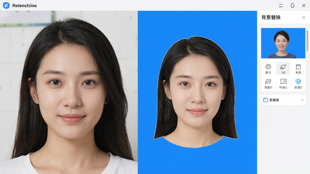 真美证件照软件功能预览图,左侧为原始生活照,右侧为自动抠图后替换成蓝色背景的证件照成品,人像边缘发丝细节清晰,背景纯净,界面展示“背景替换”工具面板,整体技术感与专业感并重,排版干净,画质高清